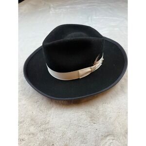 Broner Mens Black 100% Wool Felt Fedora Hat Wide Brim Cream Ribbon USA Made Med